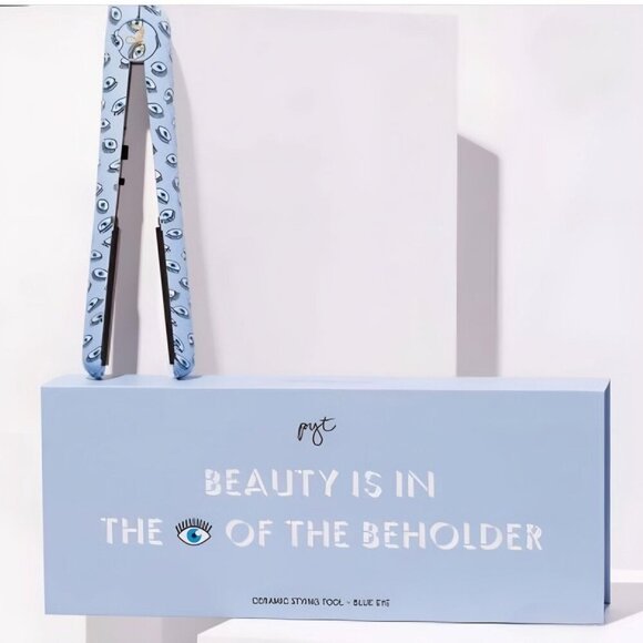 PYT Ceramic Flat Iron – Blue Eyes Print 1" Styling Tool 450°F Heat & Swivel Cord - Picture 1 of 7
